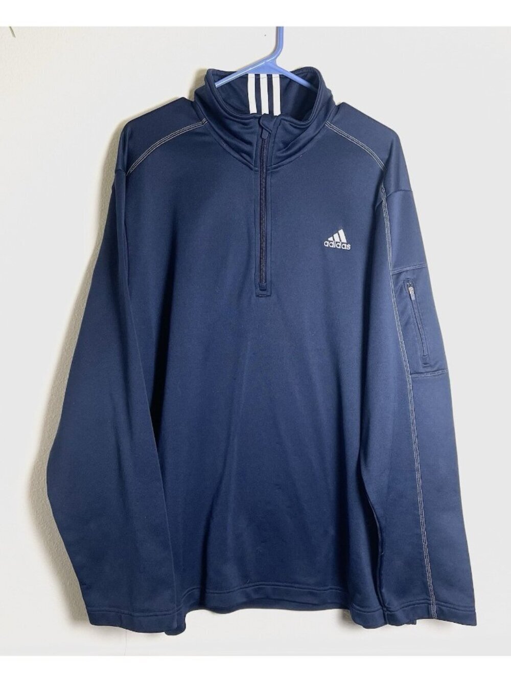 Adidas Mens 1/4 Zip Pullover 2XL Navy Blue Mock Neck Stripes Performance Jacket